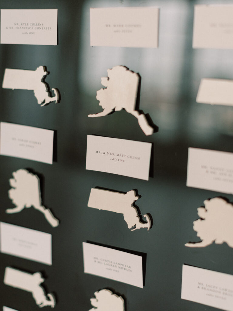 Escort cards with state outlines for guest seating chart
