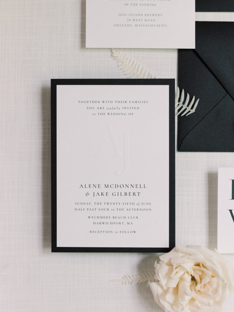 Close-up of embossed monogram invitation card for elegant Cape Cod wedding