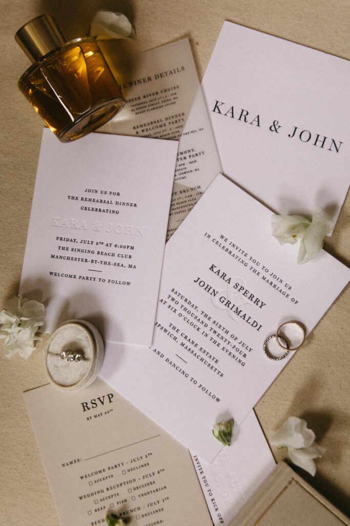 Black and white minimalist wedding invitation suite with RSVP card and rehearsal dinner details for a Crane Estate wedding.