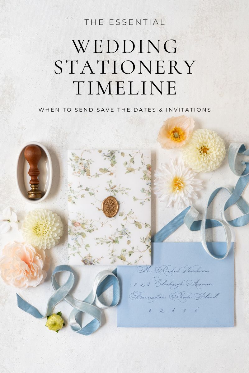 Flat lay of luxury wedding stationery with text overlay reading Wedding Invitation Timeline.